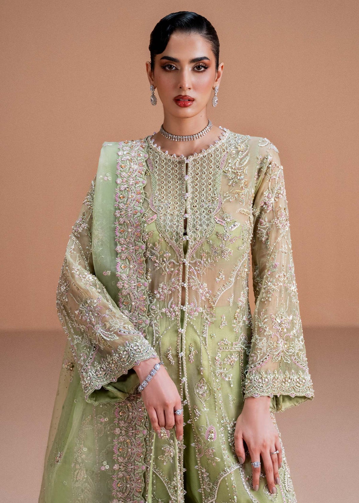 Sila lime green ada work embroidery detail - Kanwal Malik