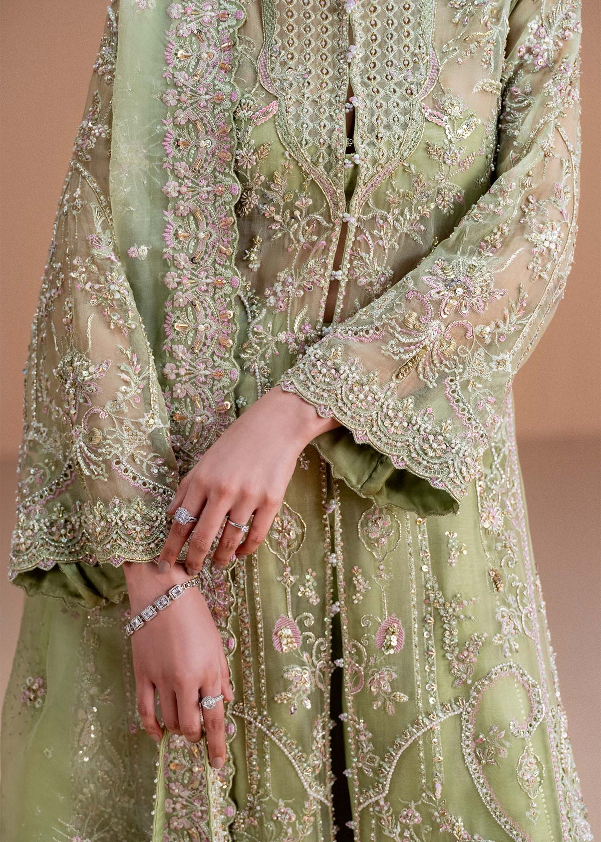Sila lime green flared pants lace detail - Kanwal Malik