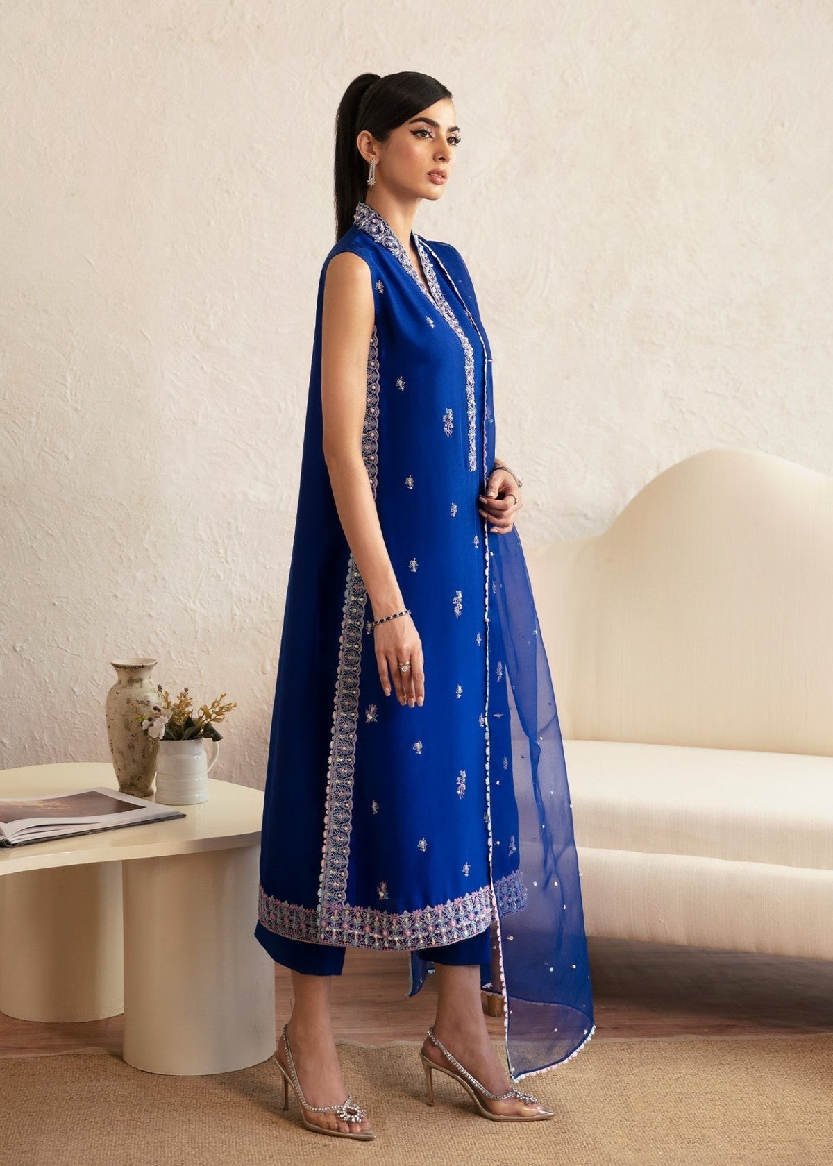 Siya royal blue embroidered neckline detail - Kanwal Malik