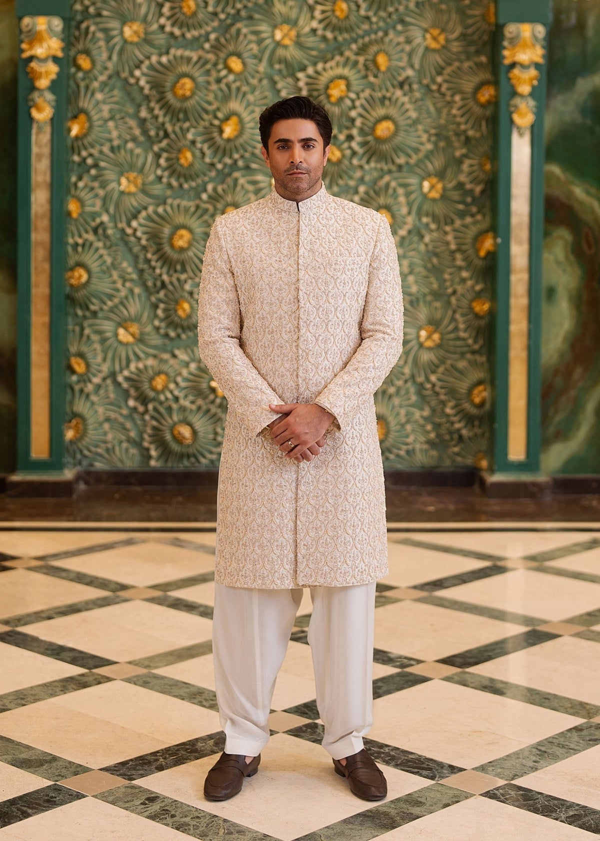 Tameer ivory raw silk sherwani front view - Kanwal Malik menswear