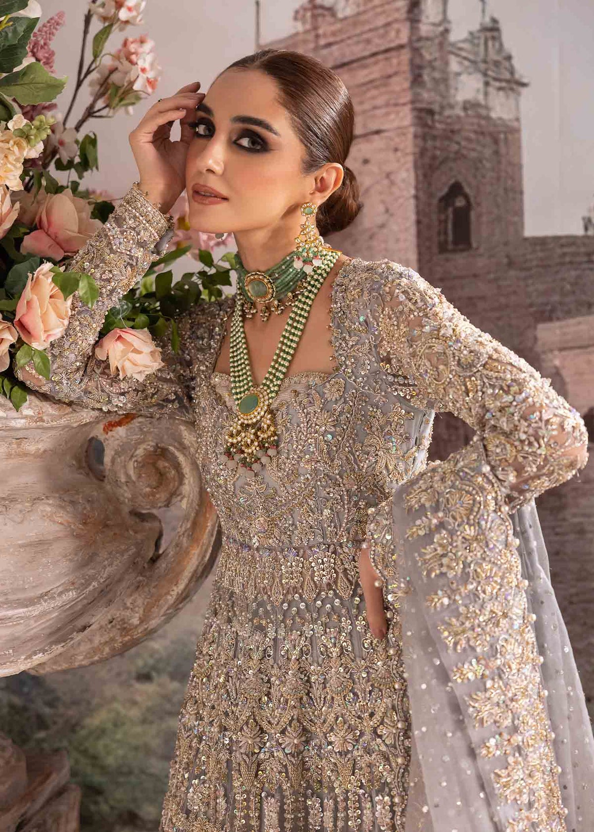 Tania grey organza dupatta border detail - Kanwal Malik bridal couture