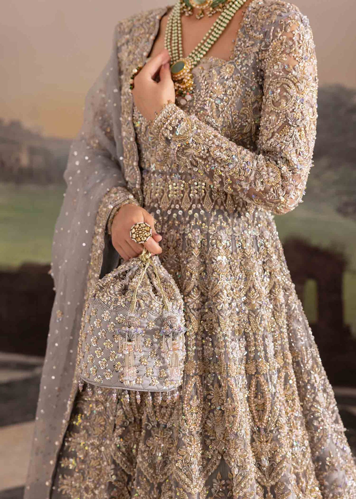 Tania grey hand-embellished border detail - Kanwal Malik bridal couture