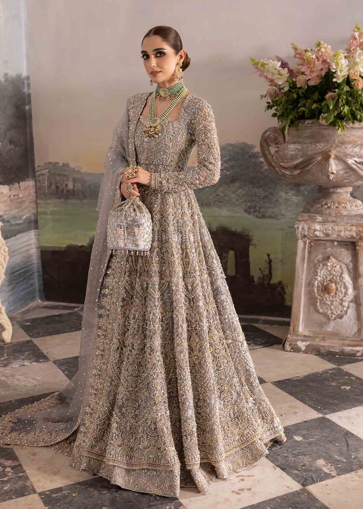 Tania grey bridal ensemble front view - Kanwal Malik bridal couture
