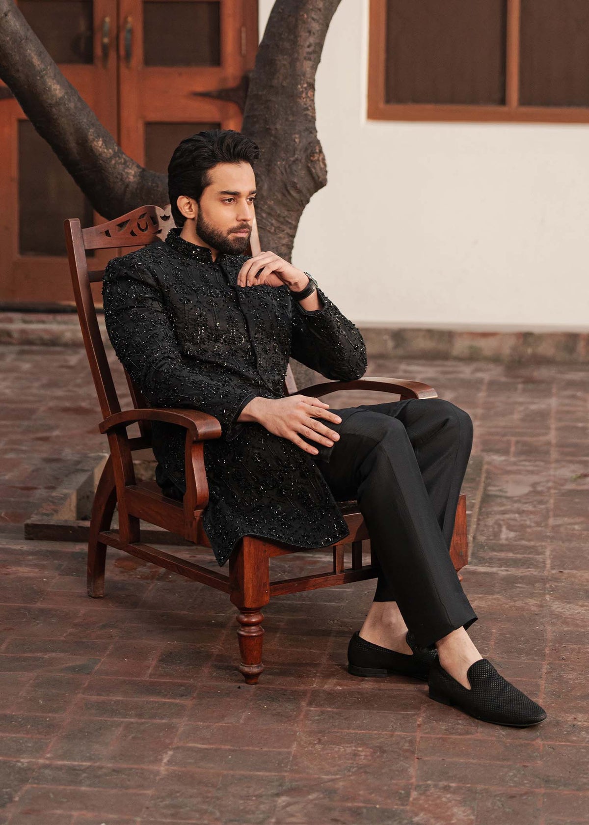 Taseer black full ensemble view - Kanwal Malik menswear