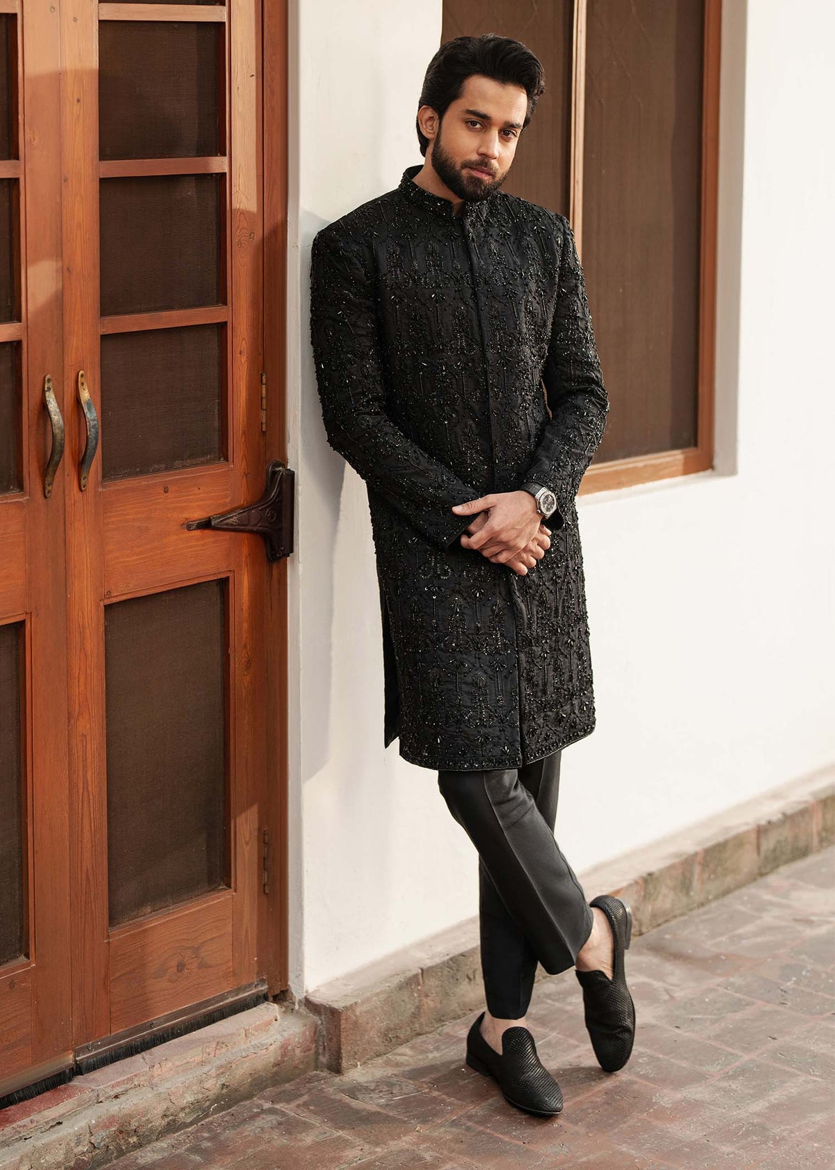 Taseer black kurta detail - Kanwal Malik menswear