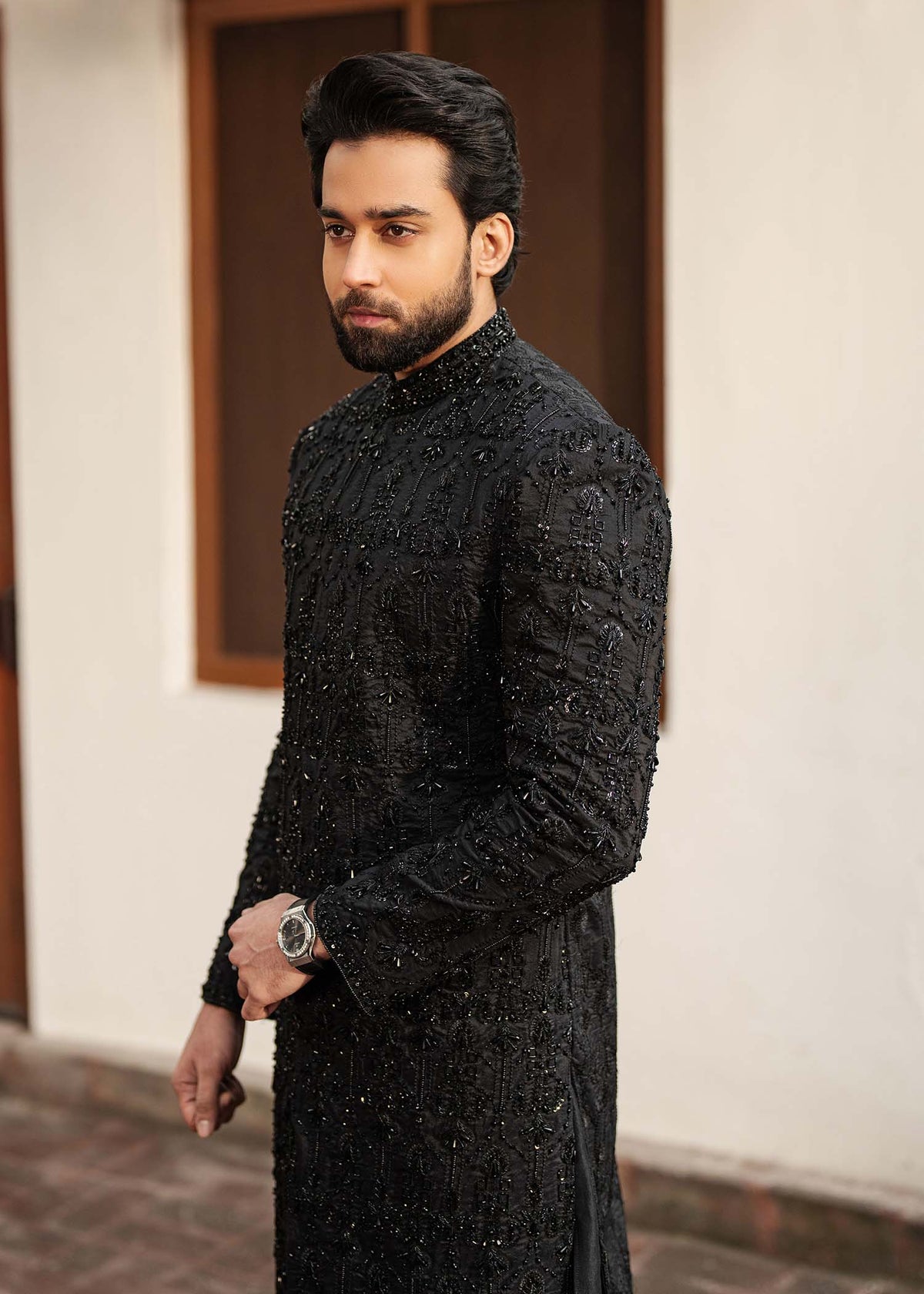 Taseer black trouser detail - Kanwal Malik menswear