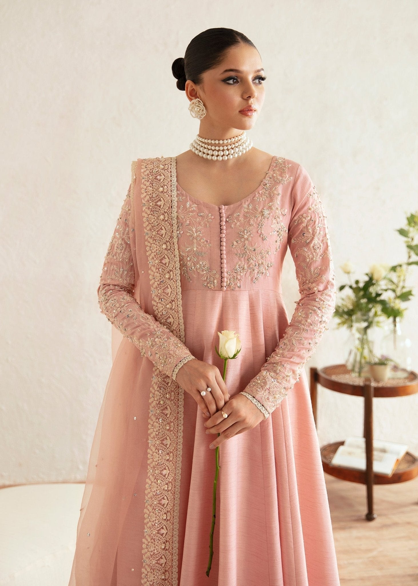Tierra blush pink embroidered neckline detail - Kanwal Malik