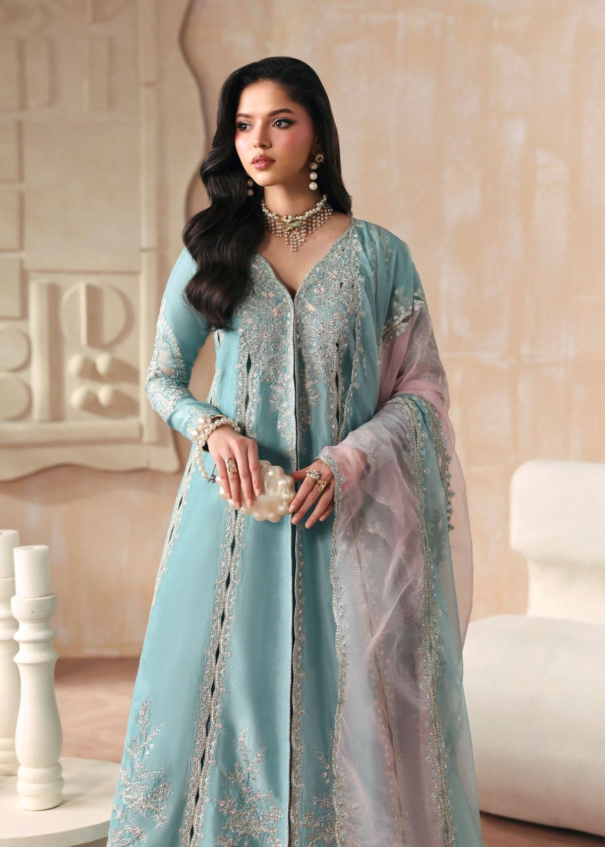 Triana powder blue scalloped border embroidery detail - Kanwal Malik