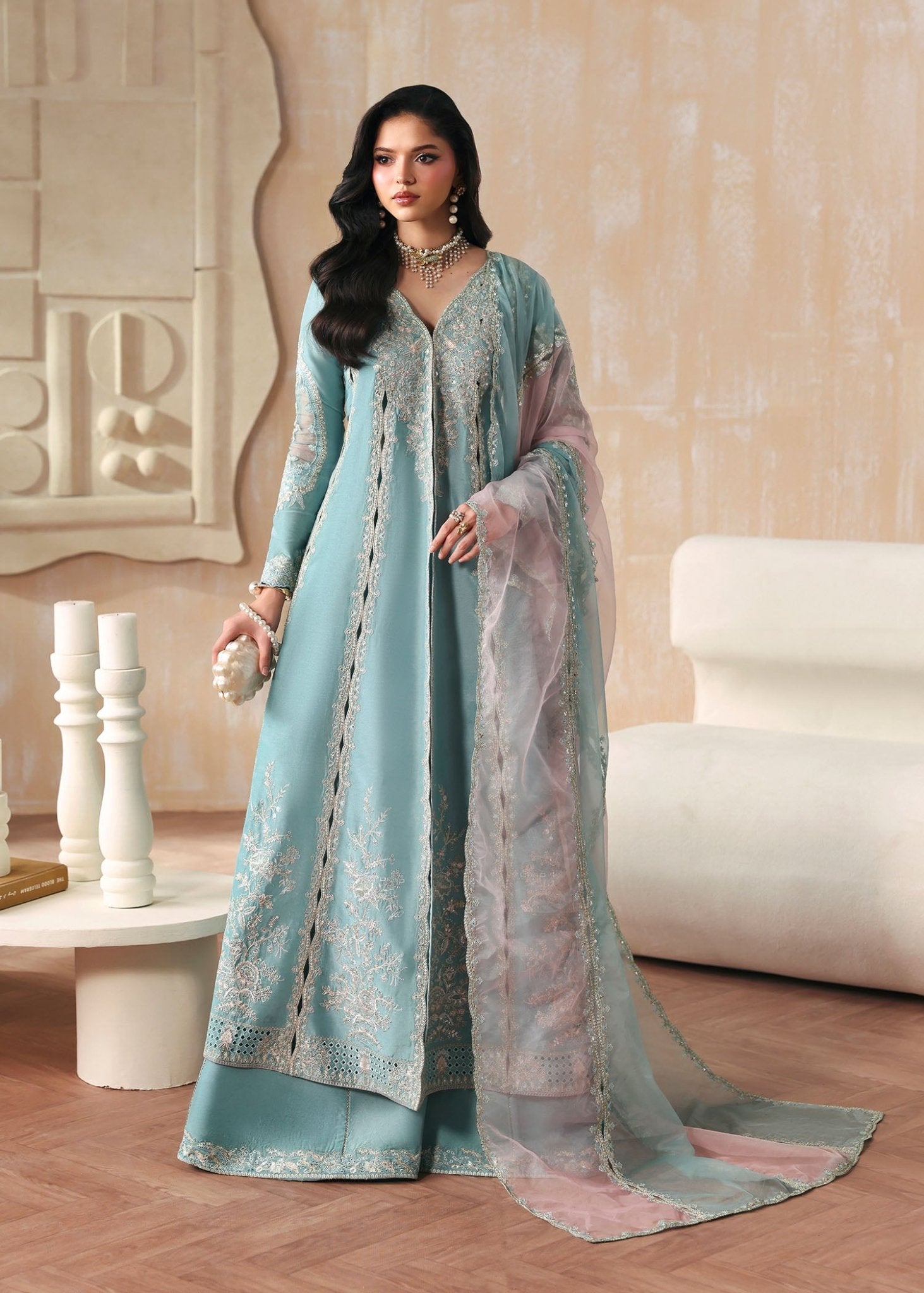 Triana powder blue front-open gown front view - Kanwal Malik