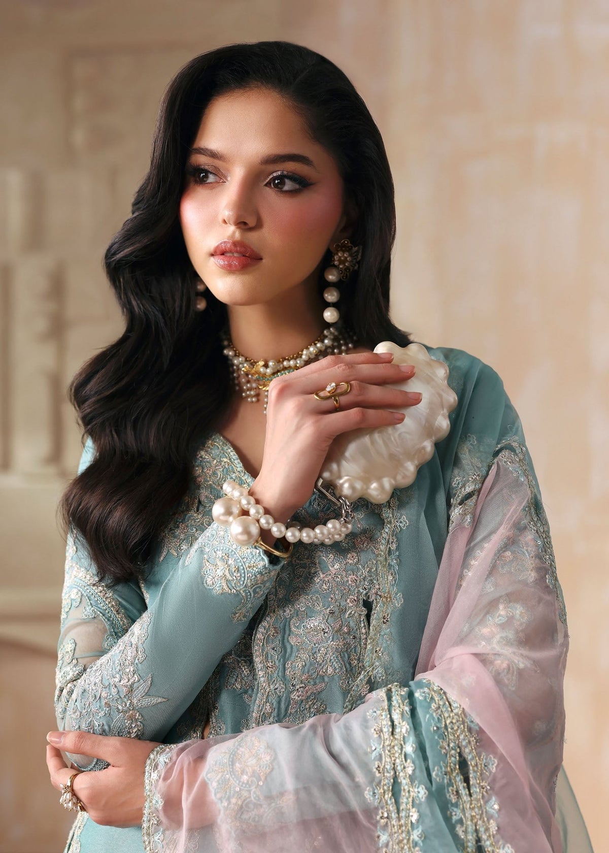 Triana powder blue flared pants hem detail - Kanwal Malik