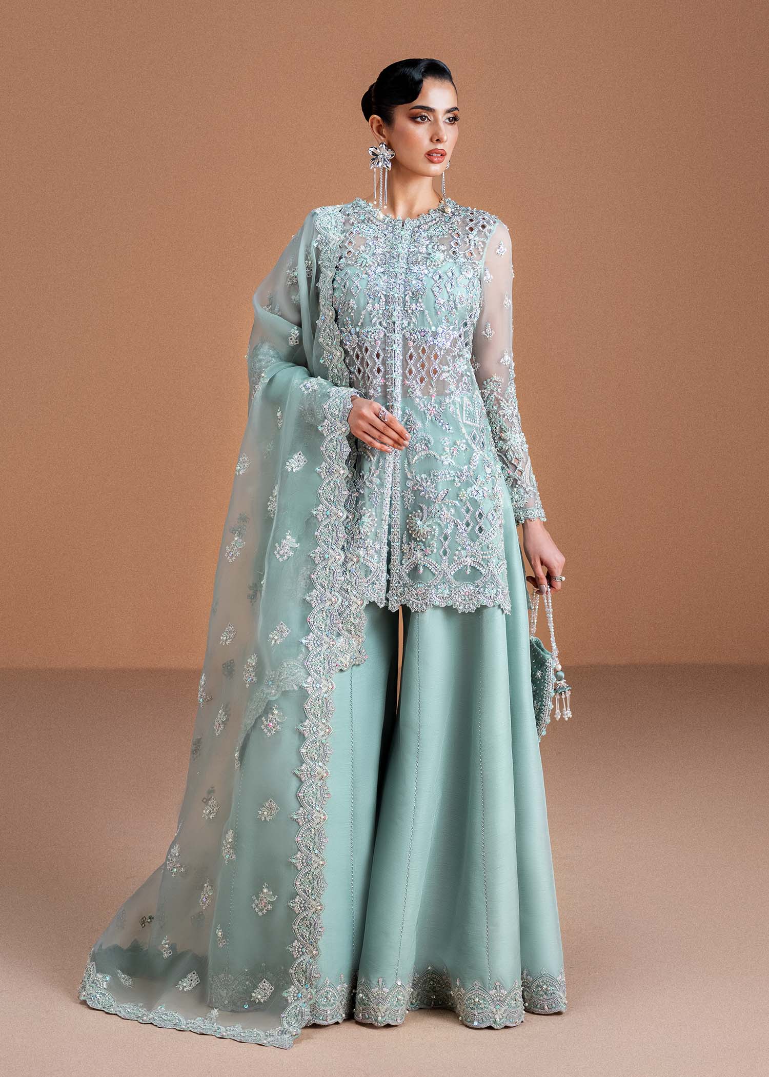 Vania ice blue shirt front view - Kanwal Malik luxury pret