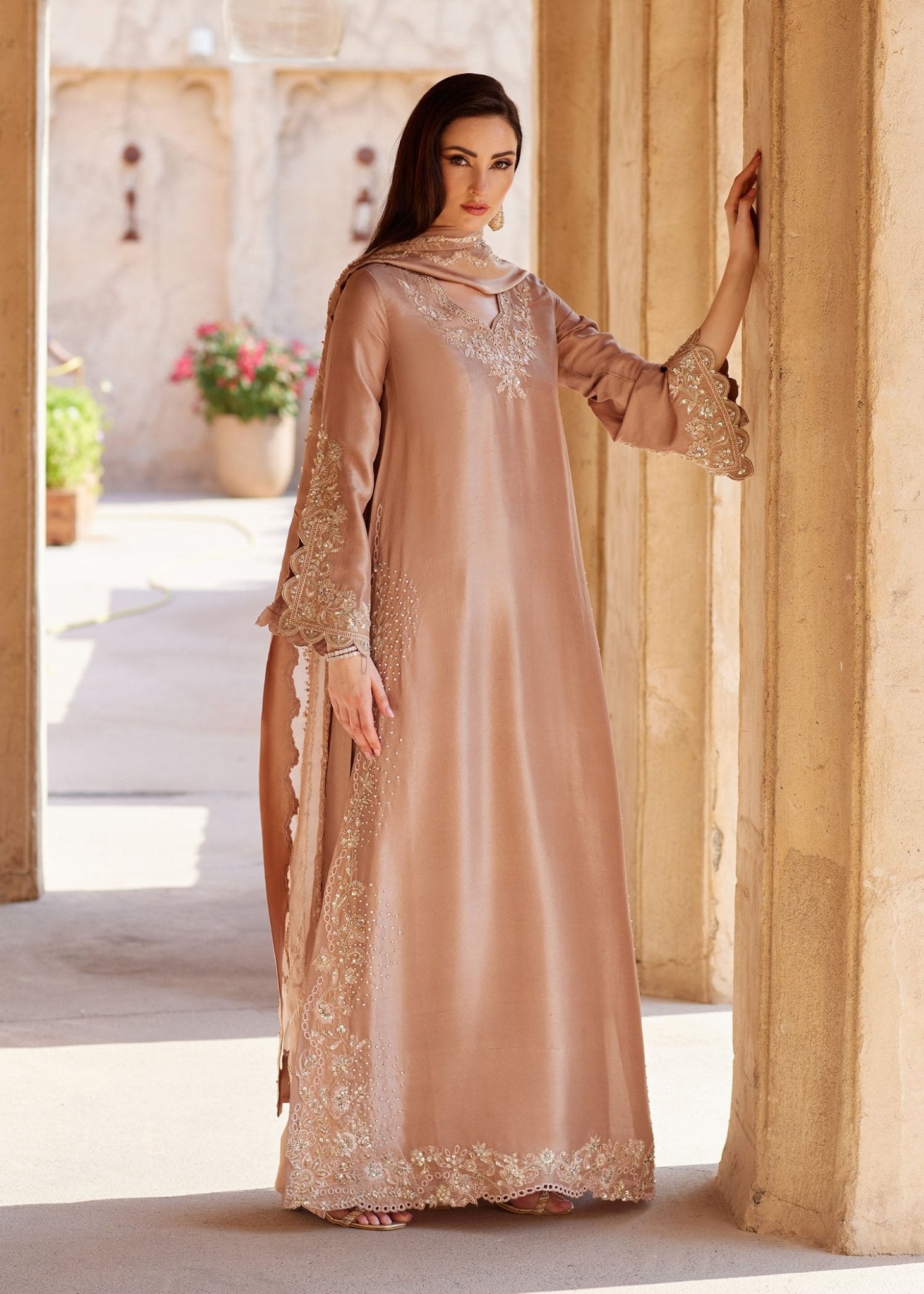 Wafa beige kaftan front view - Kanwal Malik
