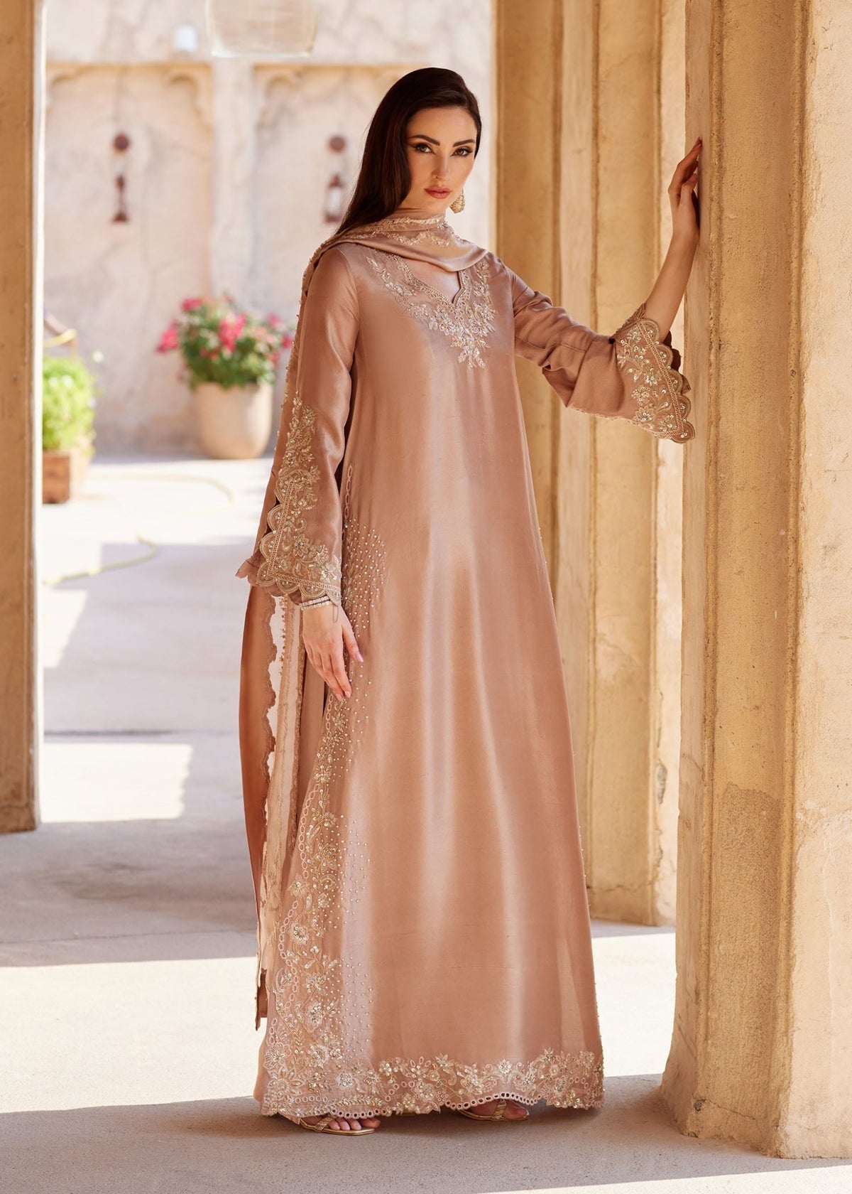 Wafa beige kaftan front view - Kanwal Malik