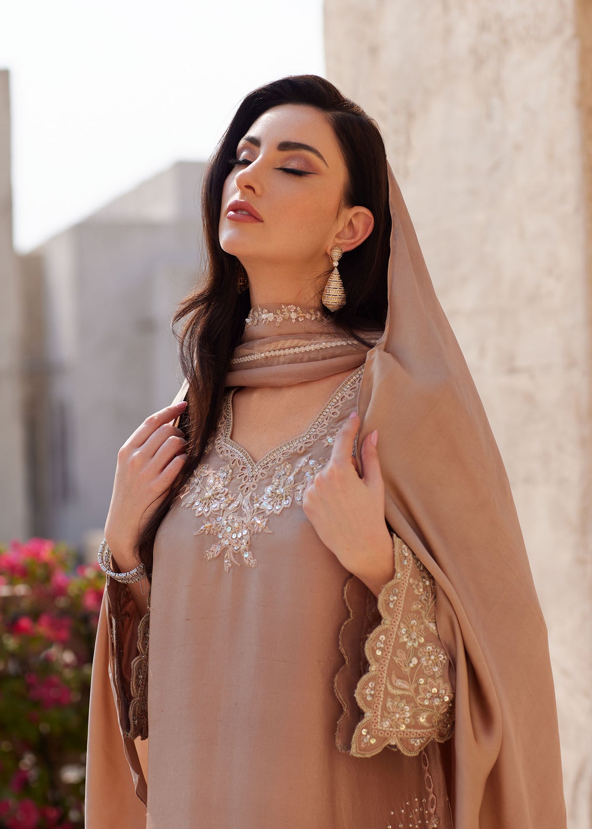Wafa beige embroidered neckline detail - Kanwal Malik