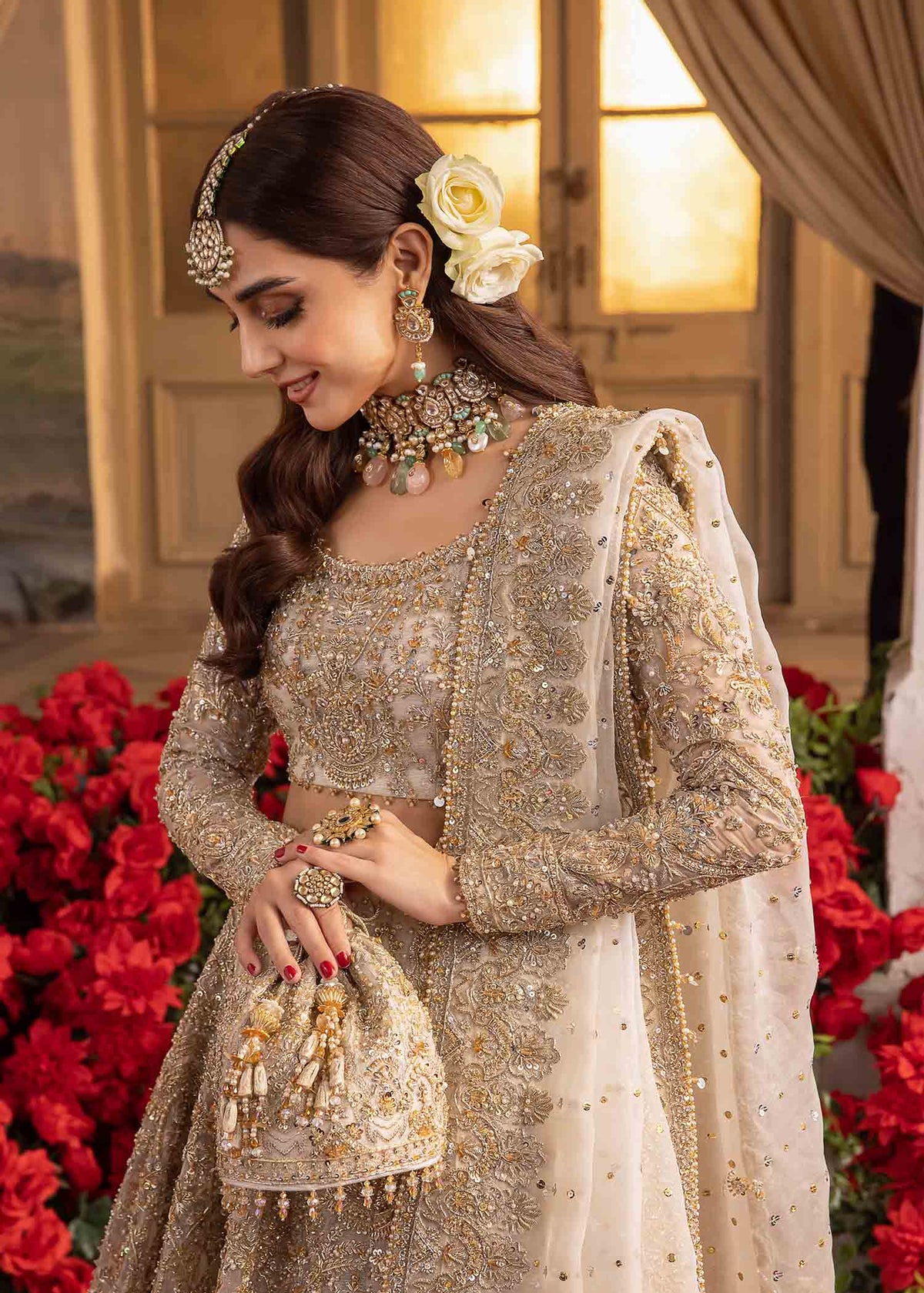 Waniya white shimmer lehenga detail - Kanwal Malik bridal couture