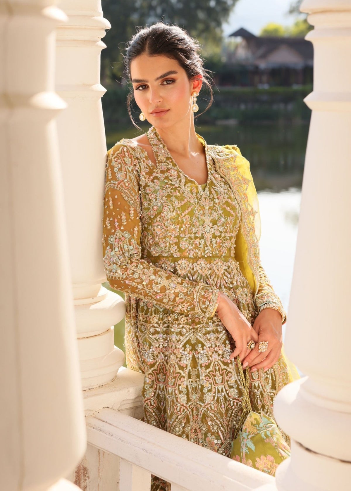 Yashma olive green light gold embroidery detail - Kanwal Malik luxury pret