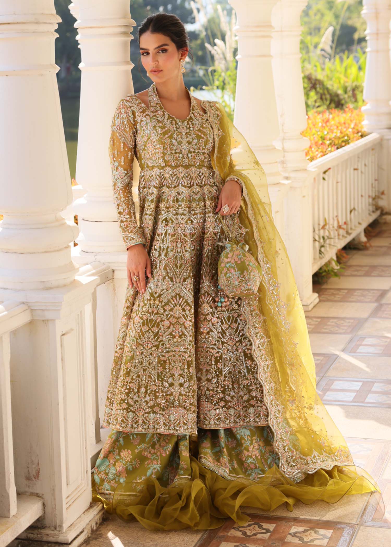 Yashma olive green gown front view - Kanwal Malik luxury pret
