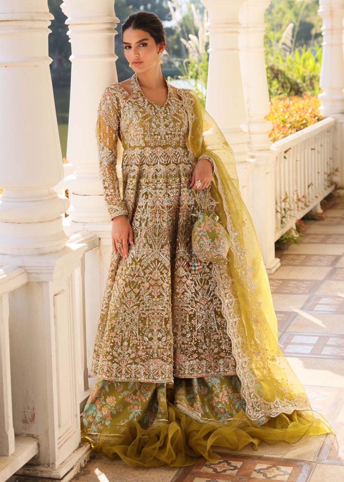 Yashma olive green gown front view - Kanwal Malik luxury pret