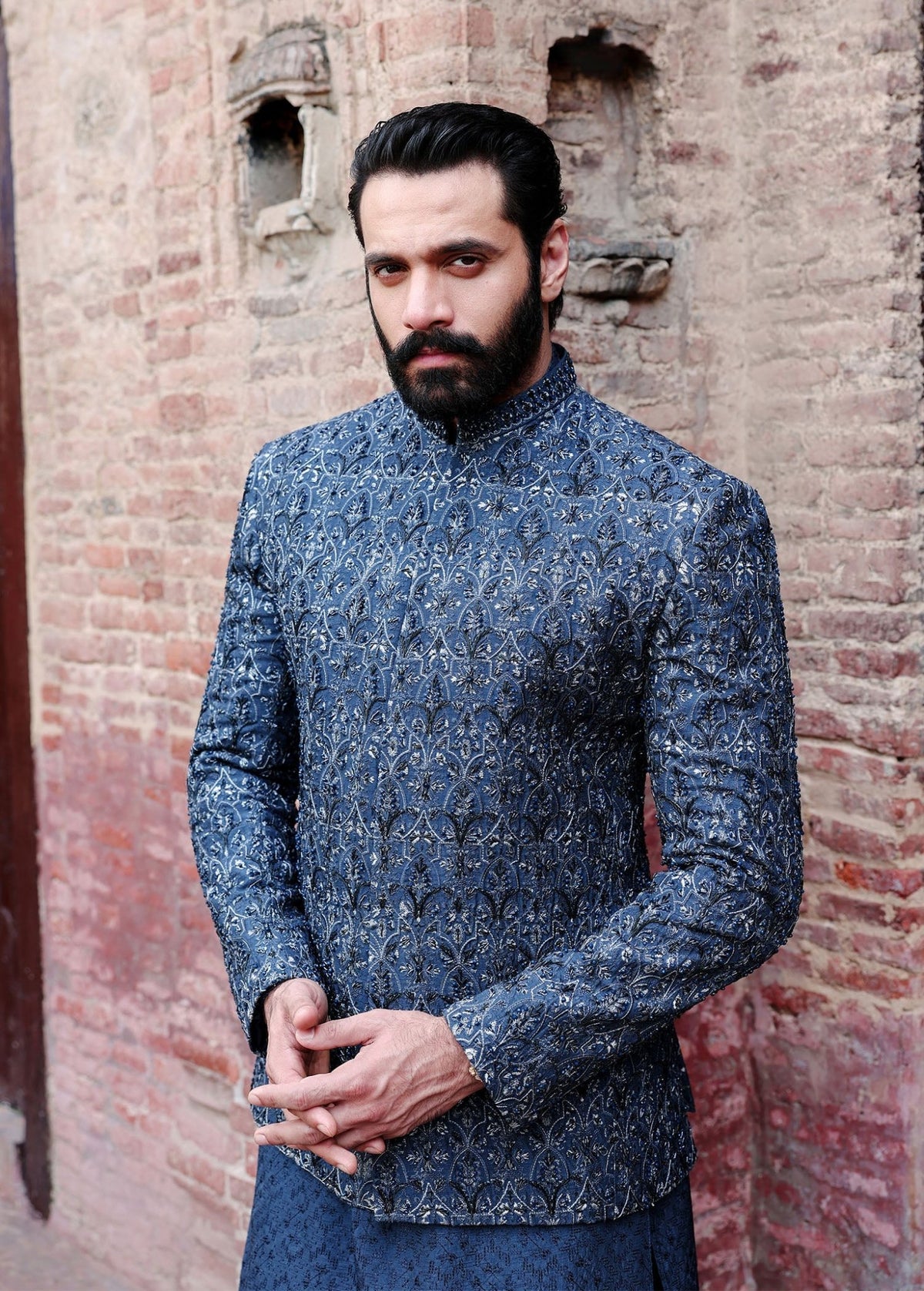 Zaid dark blue back view - Kanwal Malik menswear