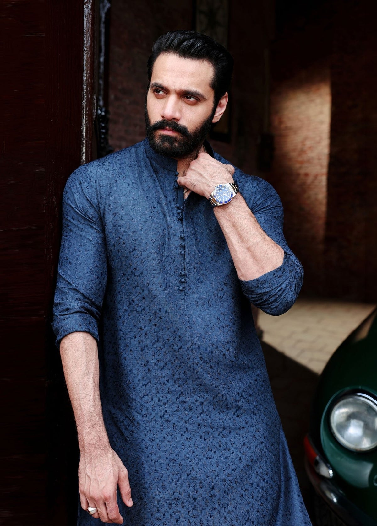 Zaid dark blue loop button detail - Kanwal Malik menswear