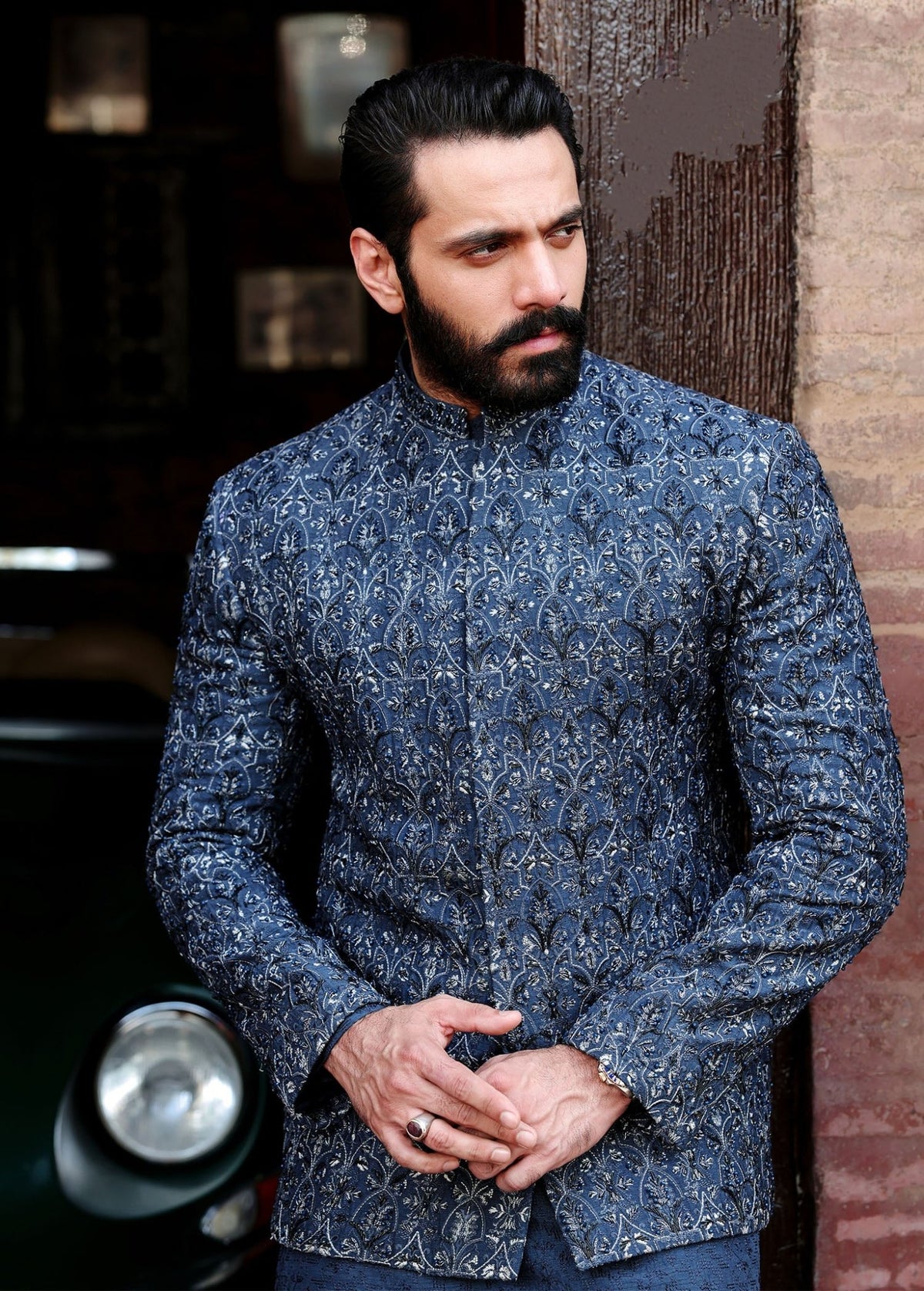 Zaid dark blue Kora Dabka embellishment detail - Kanwal Malik menswear