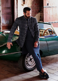 Zaid dark blue full ensemble view - Kanwal Malik menswear