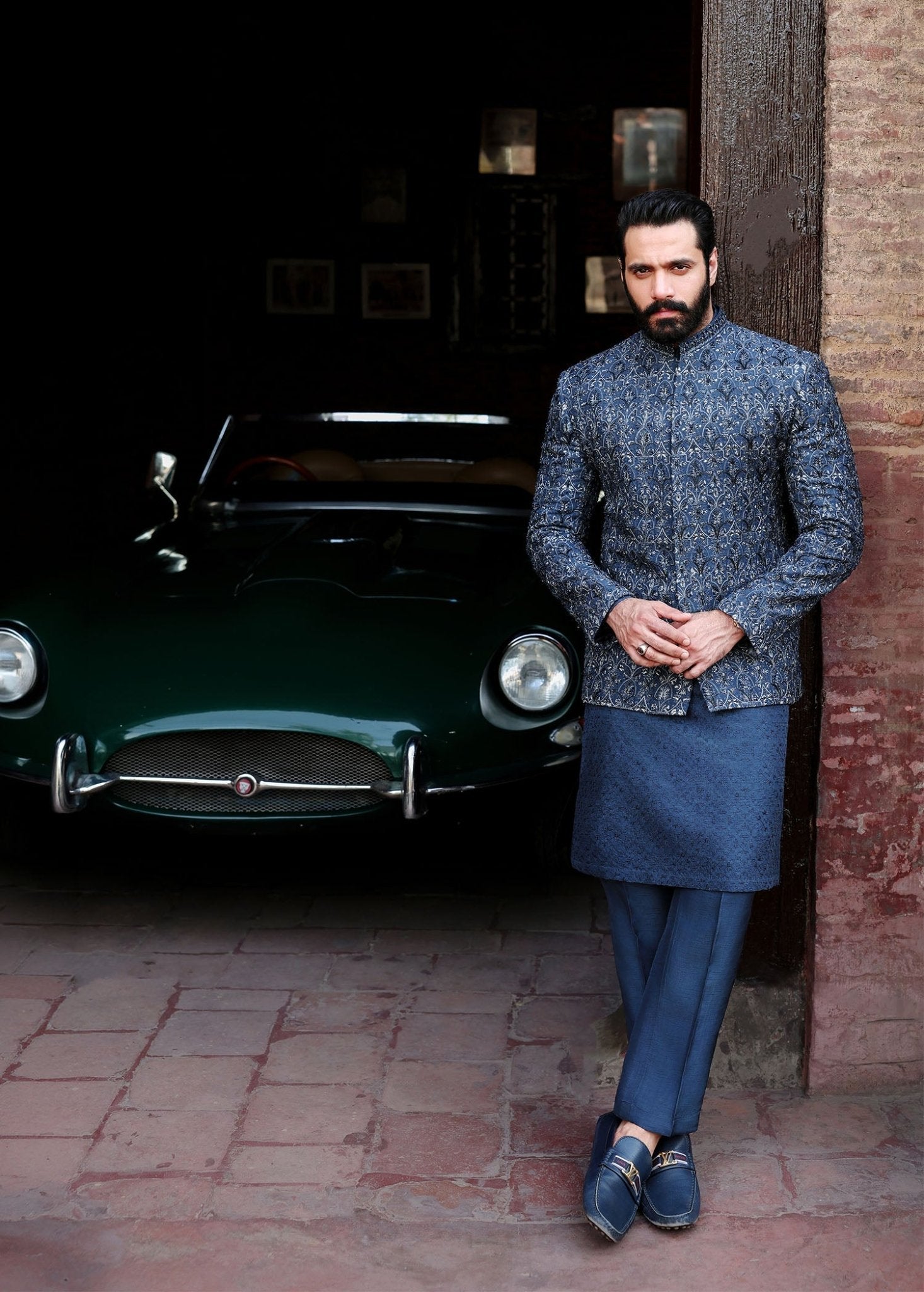 Zaid dark blue prince jacket front view - Kanwal Malik menswear