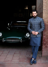 Zaid dark blue prince jacket front view - Kanwal Malik menswear