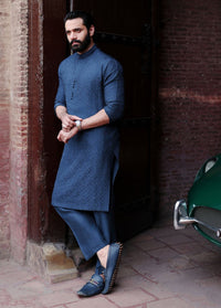 Zaid dark blue Jall pattern kurta detail - Kanwal Malik menswear