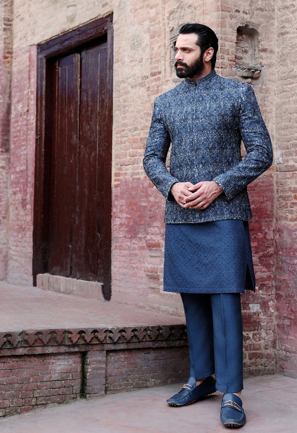Zaid dark blue side view - Kanwal Malik menswear