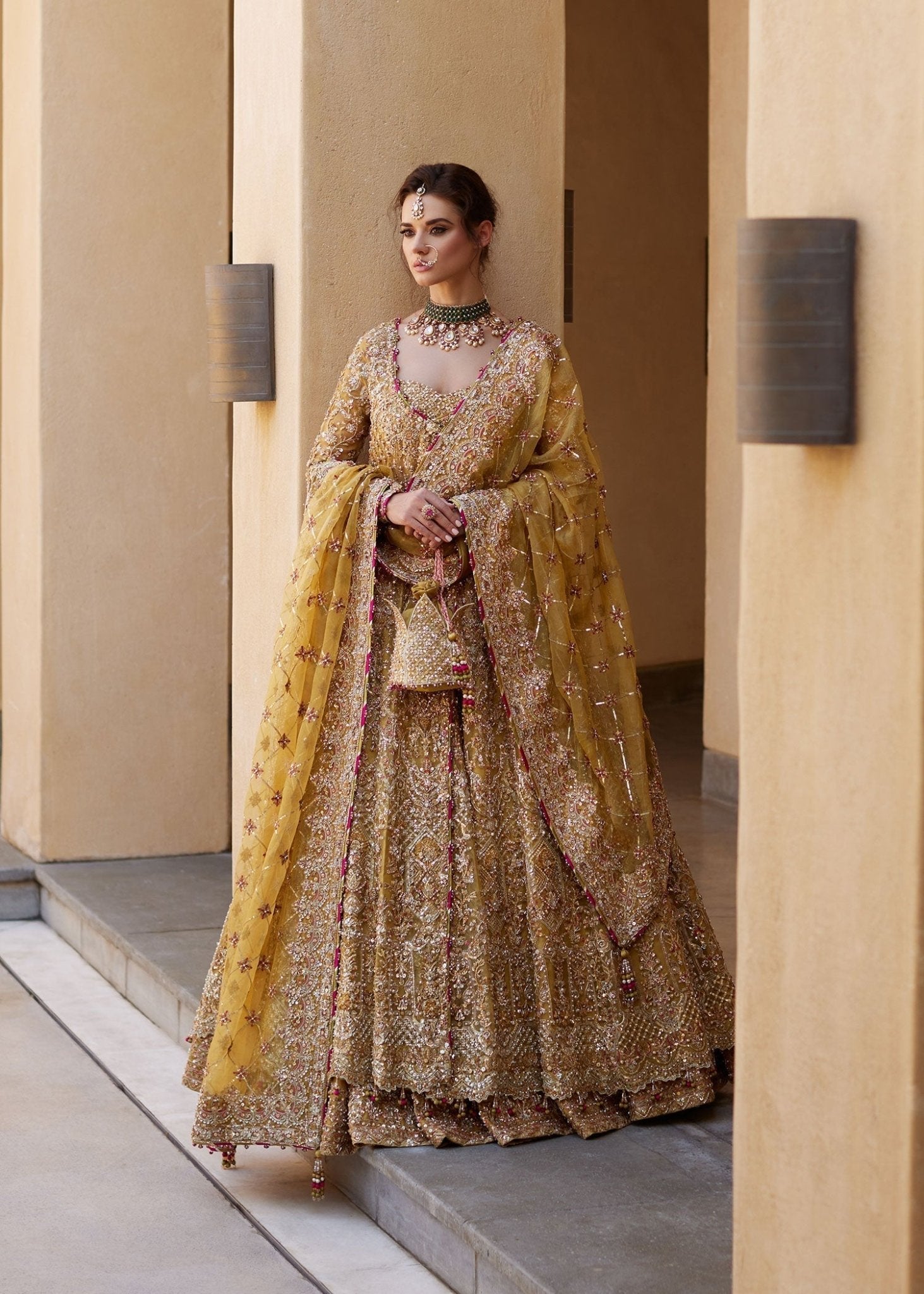 Zarifa yellow bridal anghrakha front view - Kanwal Malik bridal couture