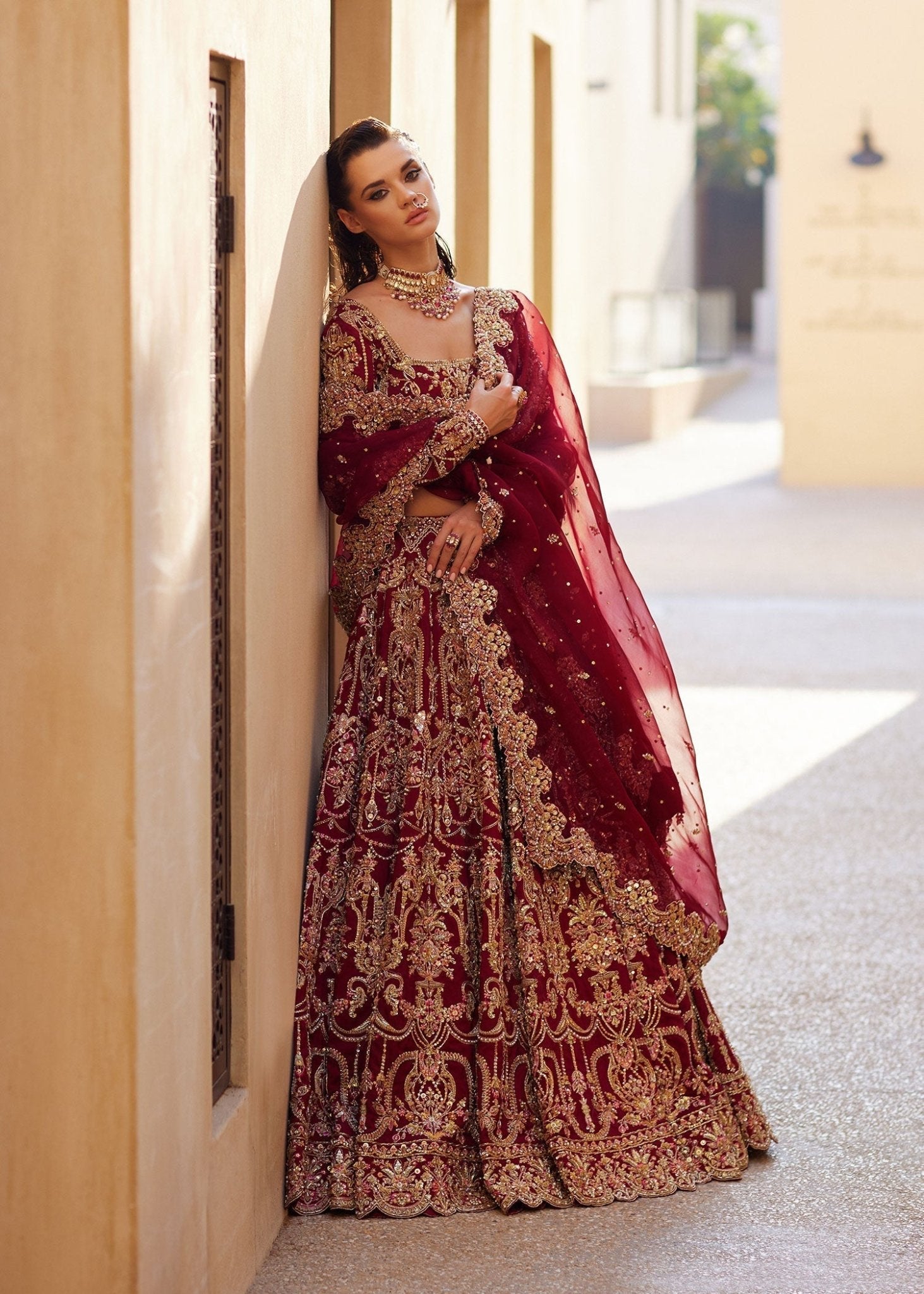 Zarwa red golden crystal dabka embellishment detail - Kanwal Malik bridal couture