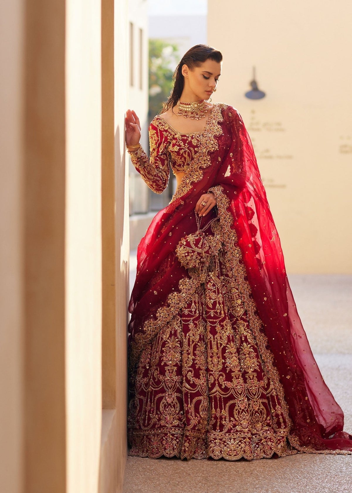 Zarwa red bridal full ensemble view - Kanwal Malik bridal couture