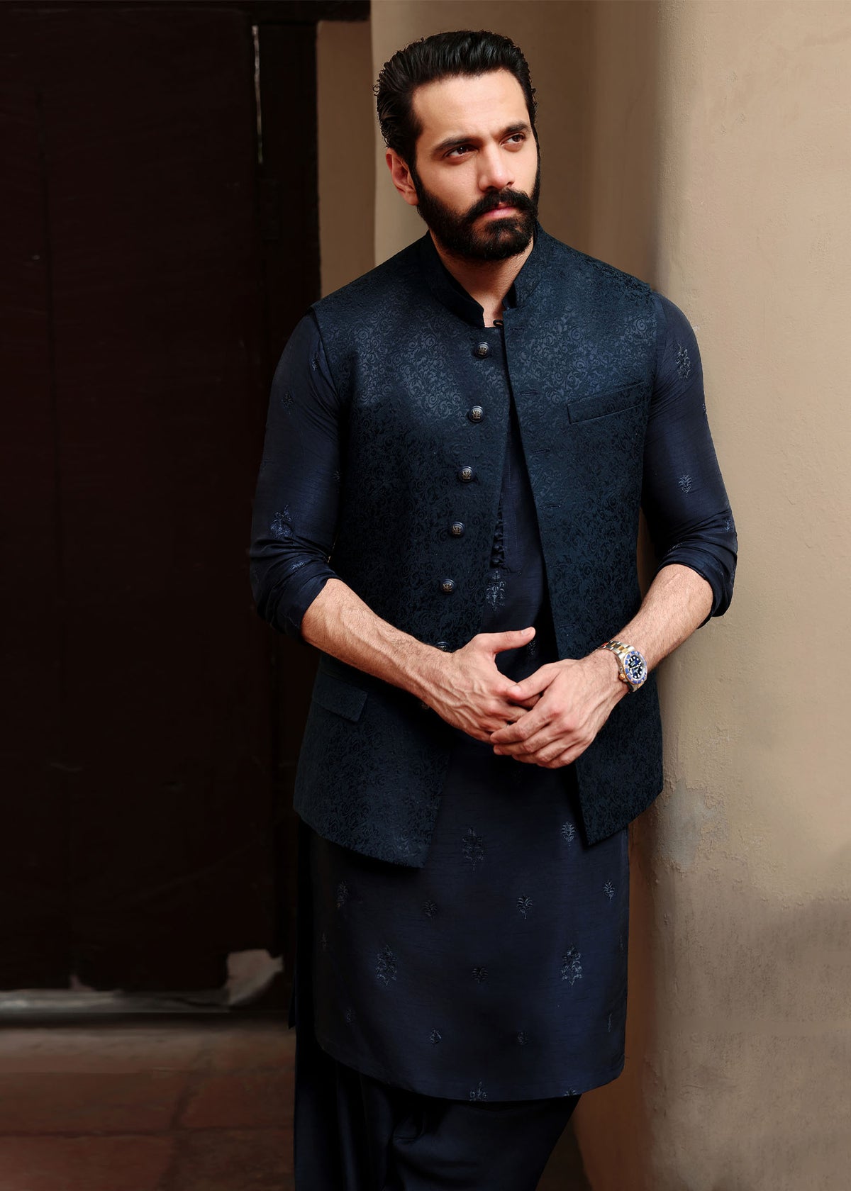 Zaviyar navy show button waistcoat detail - Kanwal Malik menswear