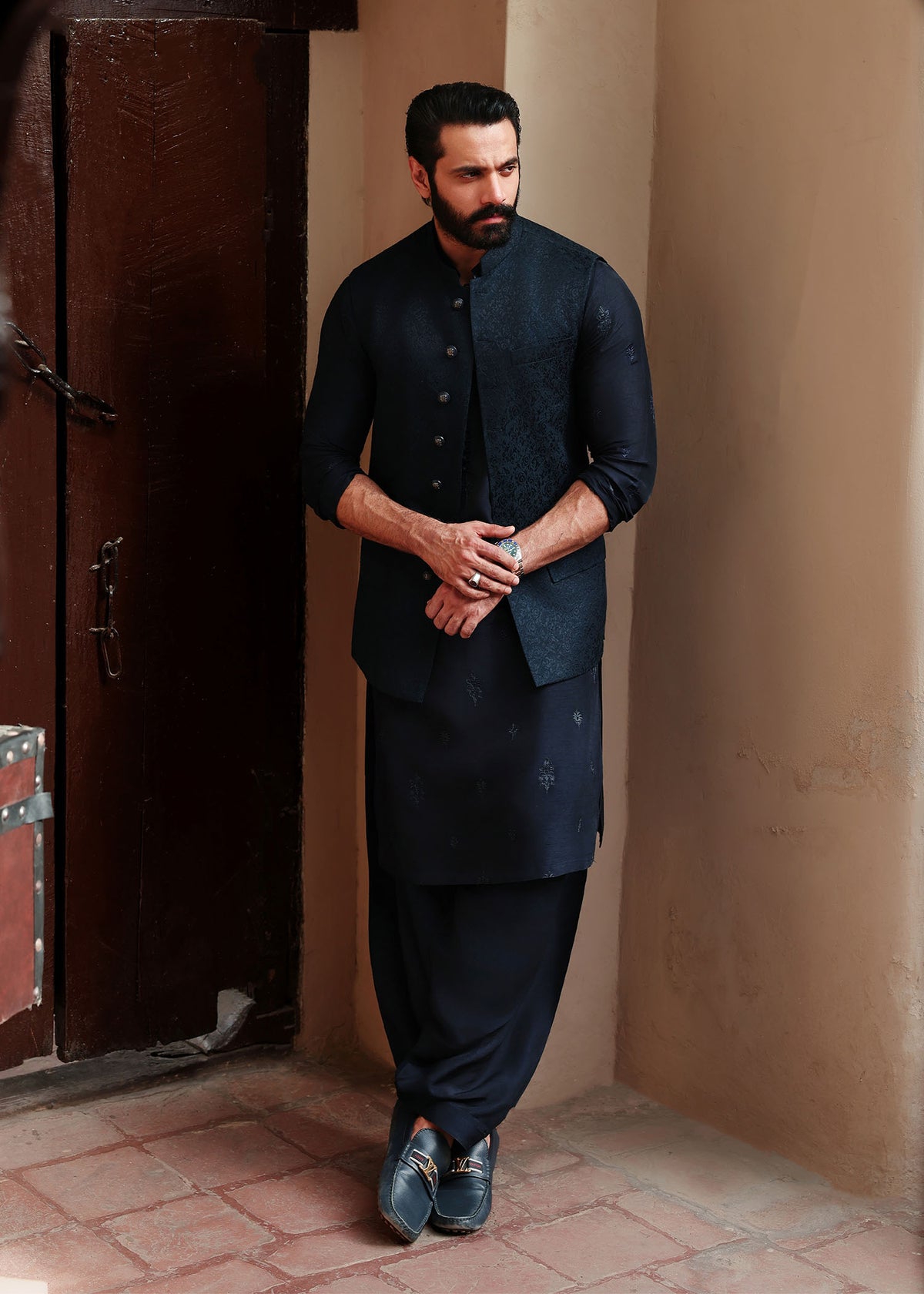Zaviyar navy full ensemble view - Kanwal Malik menswear