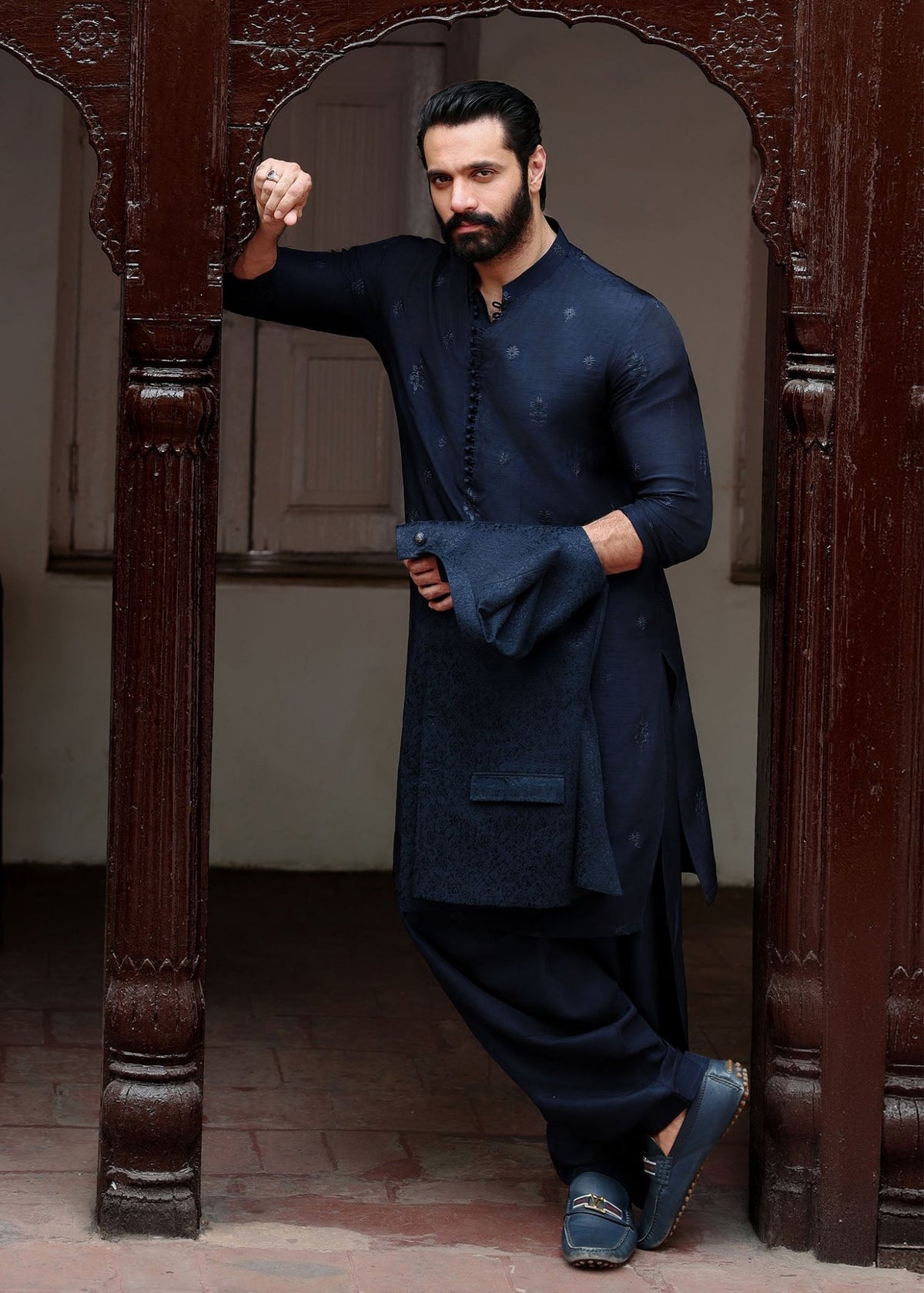 Zaviyar navy shalwar detail - Kanwal Malik menswear