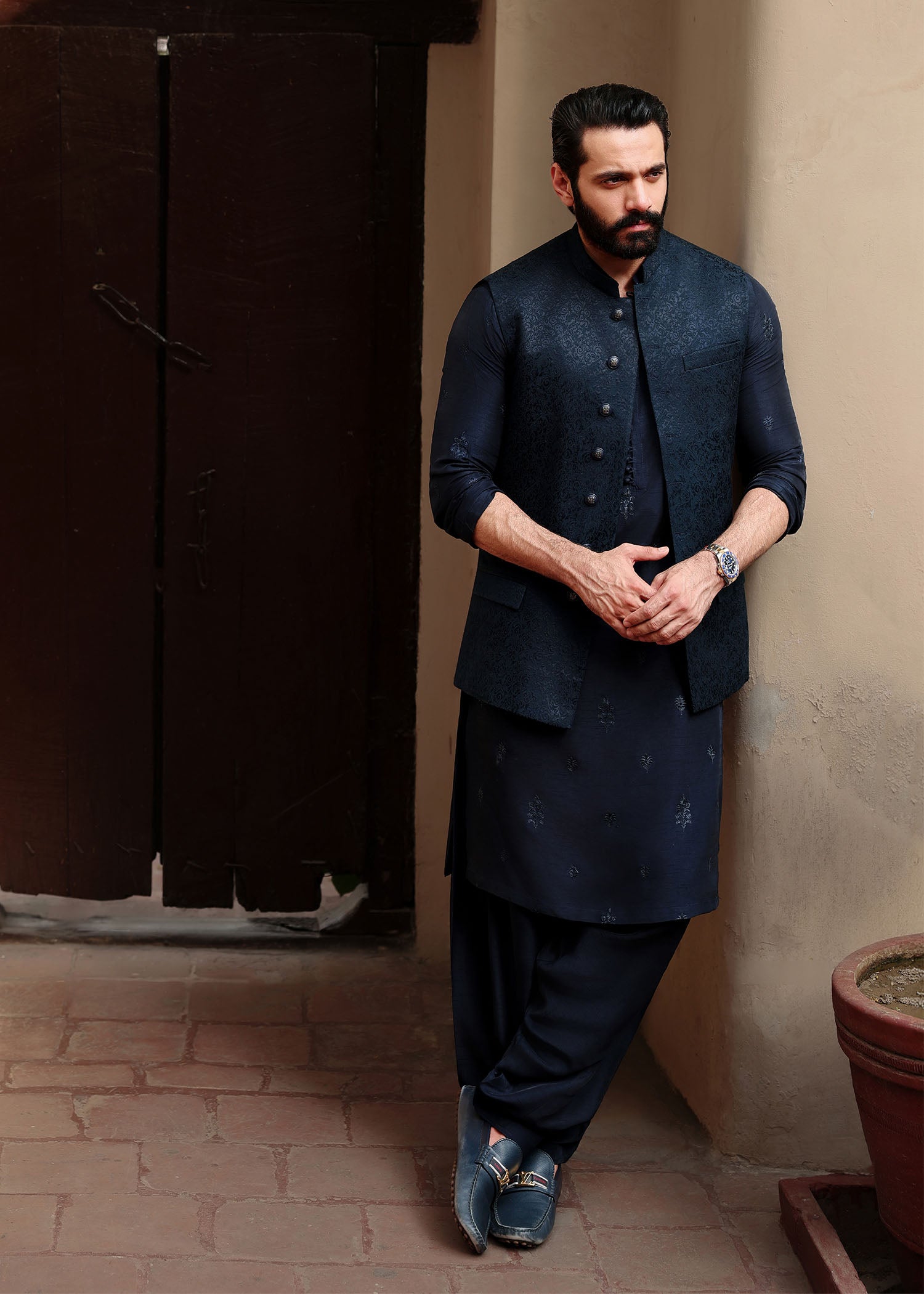Zaviyar navy karandi waistcoat front view - Kanwal Malik menswear