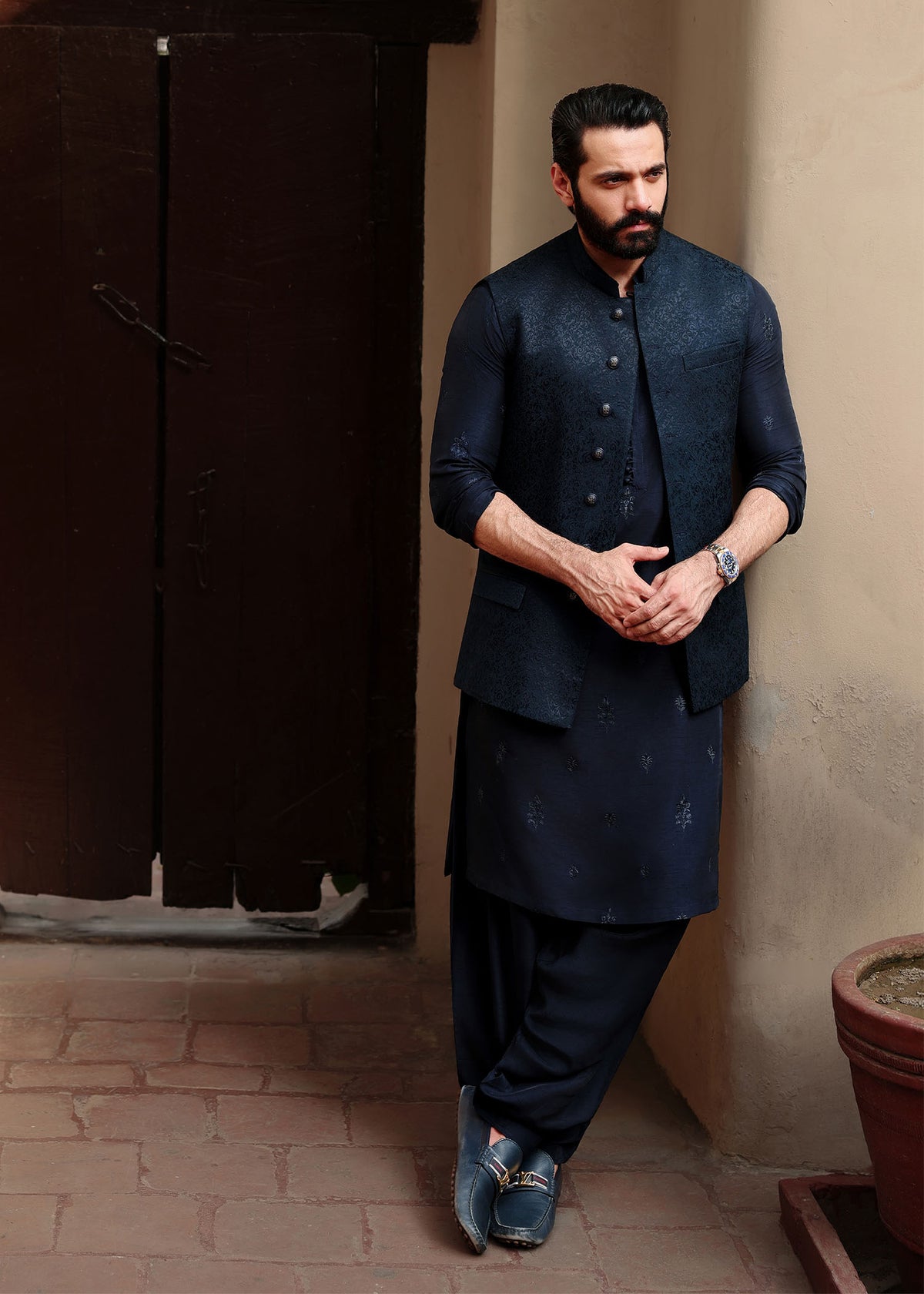 Zaviyar navy karandi waistcoat front view - Kanwal Malik menswear
