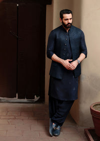 Zaviyar navy karandi waistcoat front view - Kanwal Malik menswear