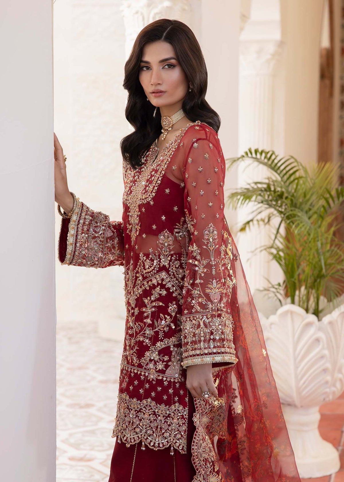 Zehrah red foil print dupatta detail - Kanwal Malik