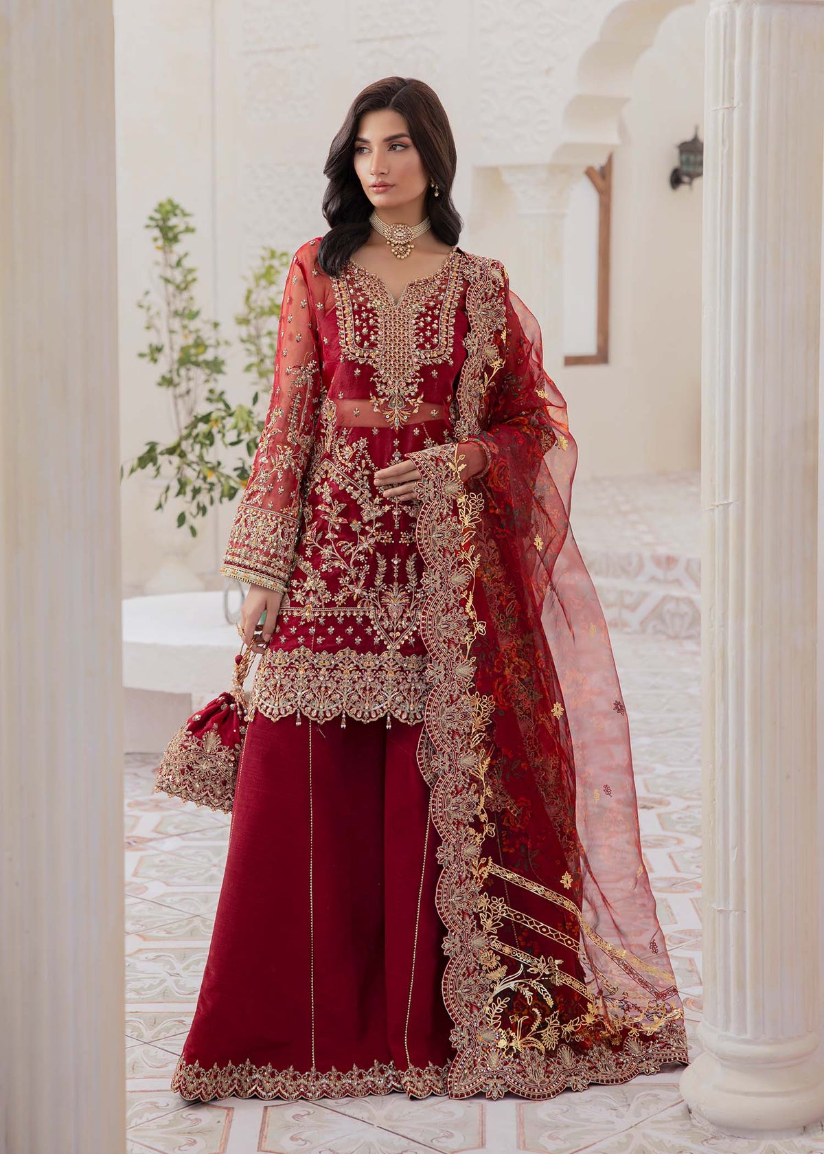 Zehrah red embroidered shirt front view - Kanwal Malik