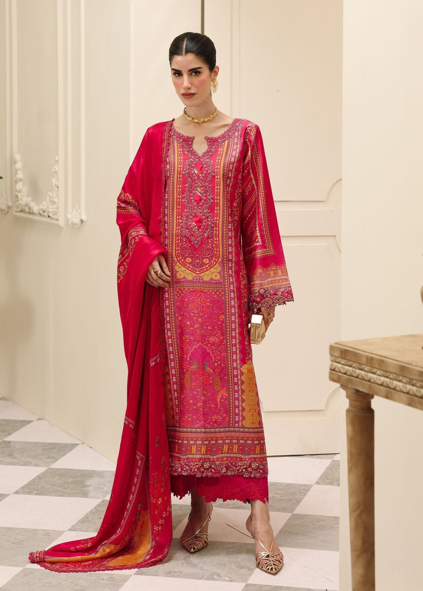 Zeya peacock raw silk shirt front view - Kanwal Malik luxe silk