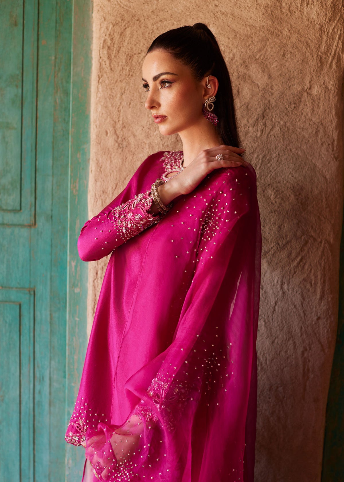 Ziva shocking pink organza dupatta detail - Kanwal Malik