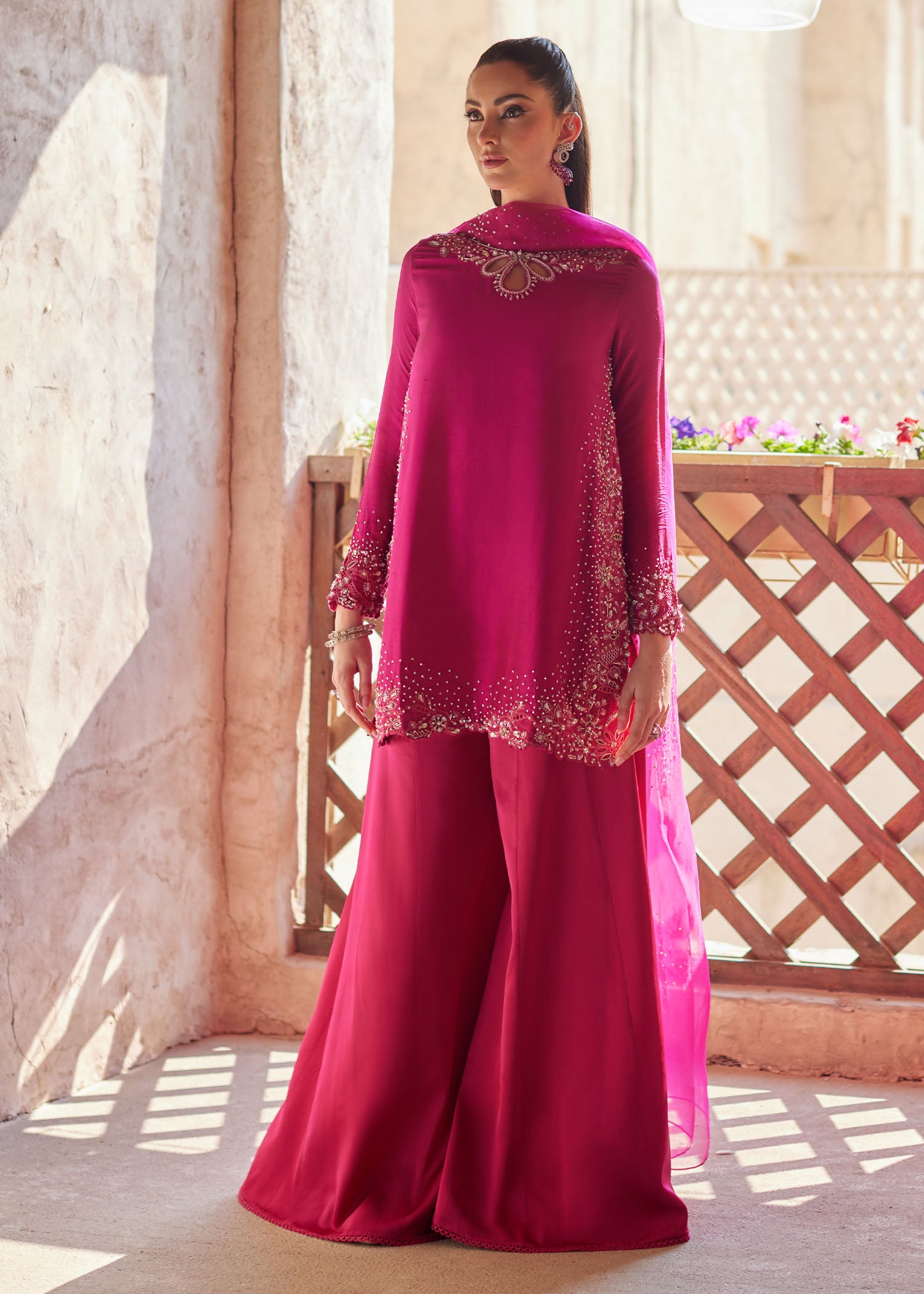 Ziva shocking pink raw silk shirt front view - Kanwal Malik