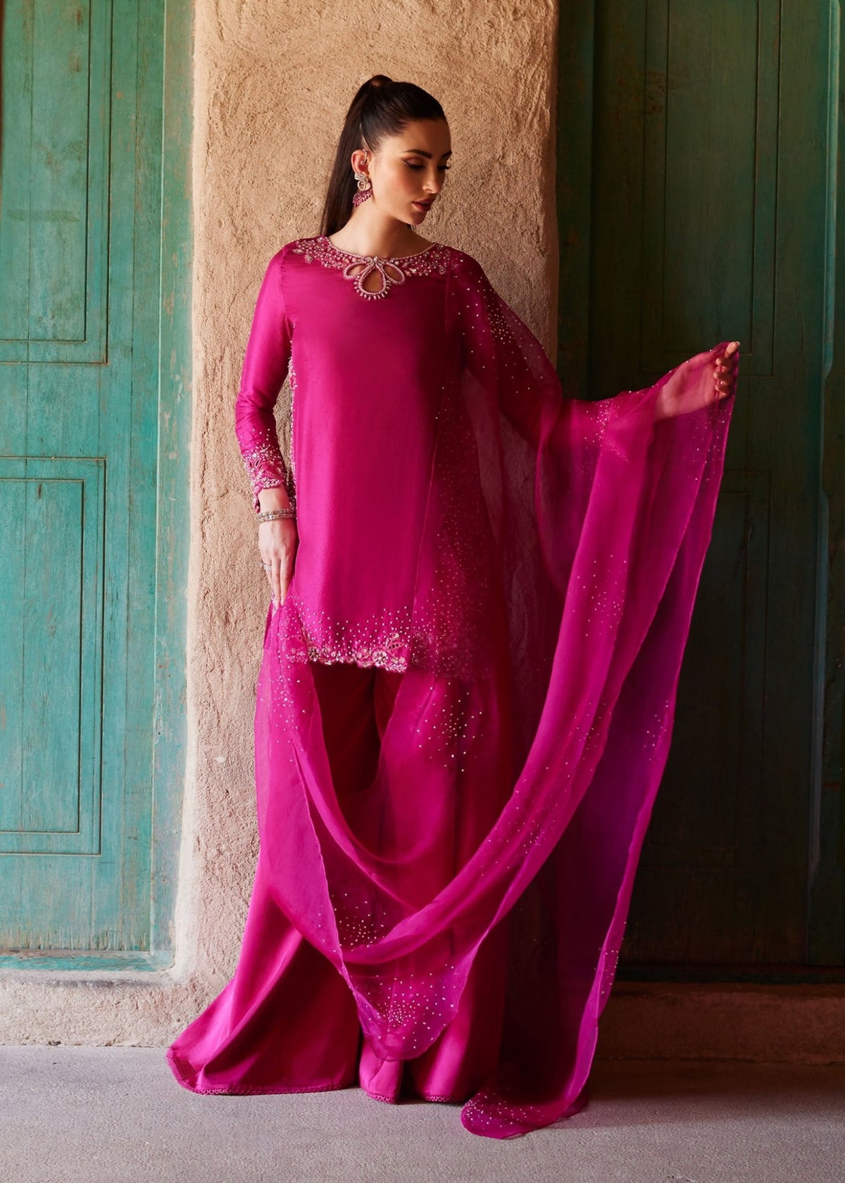 Ziva shocking pink charmeuse sharara pants detail - Kanwal Malik