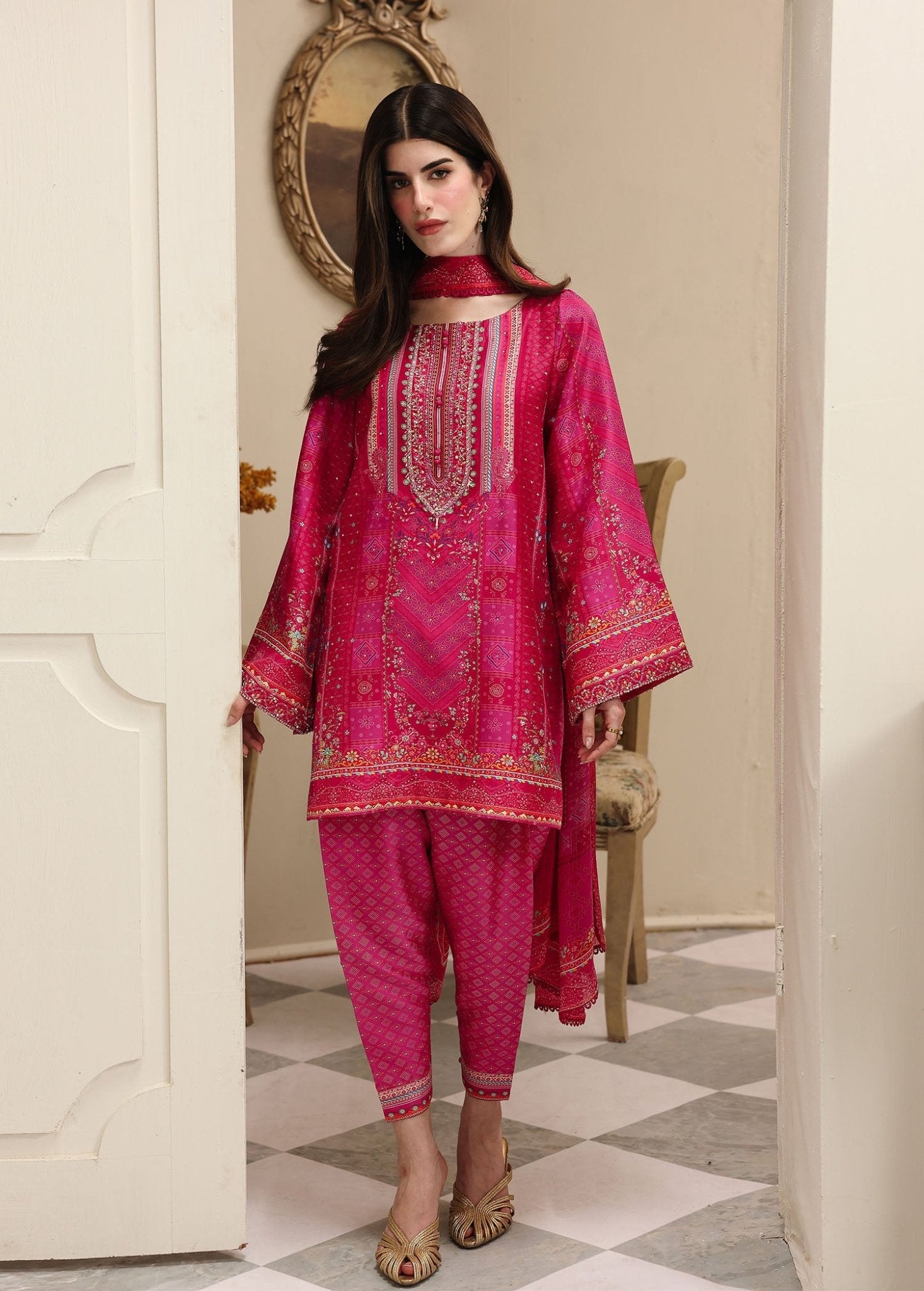 Ziven shocking pink raw silk shirt front view - Kanwal Malik