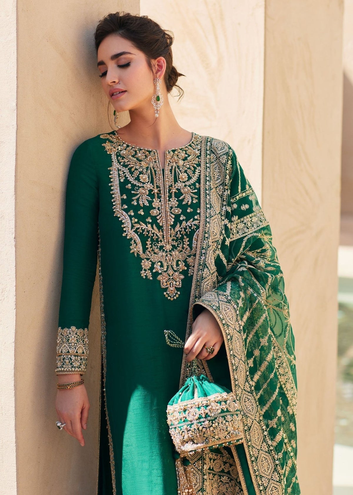Zyra bottle green organza dupatta detail - Kanwal Malik