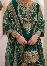 Zyra bottle green embroidered border detail - Kanwal Malik