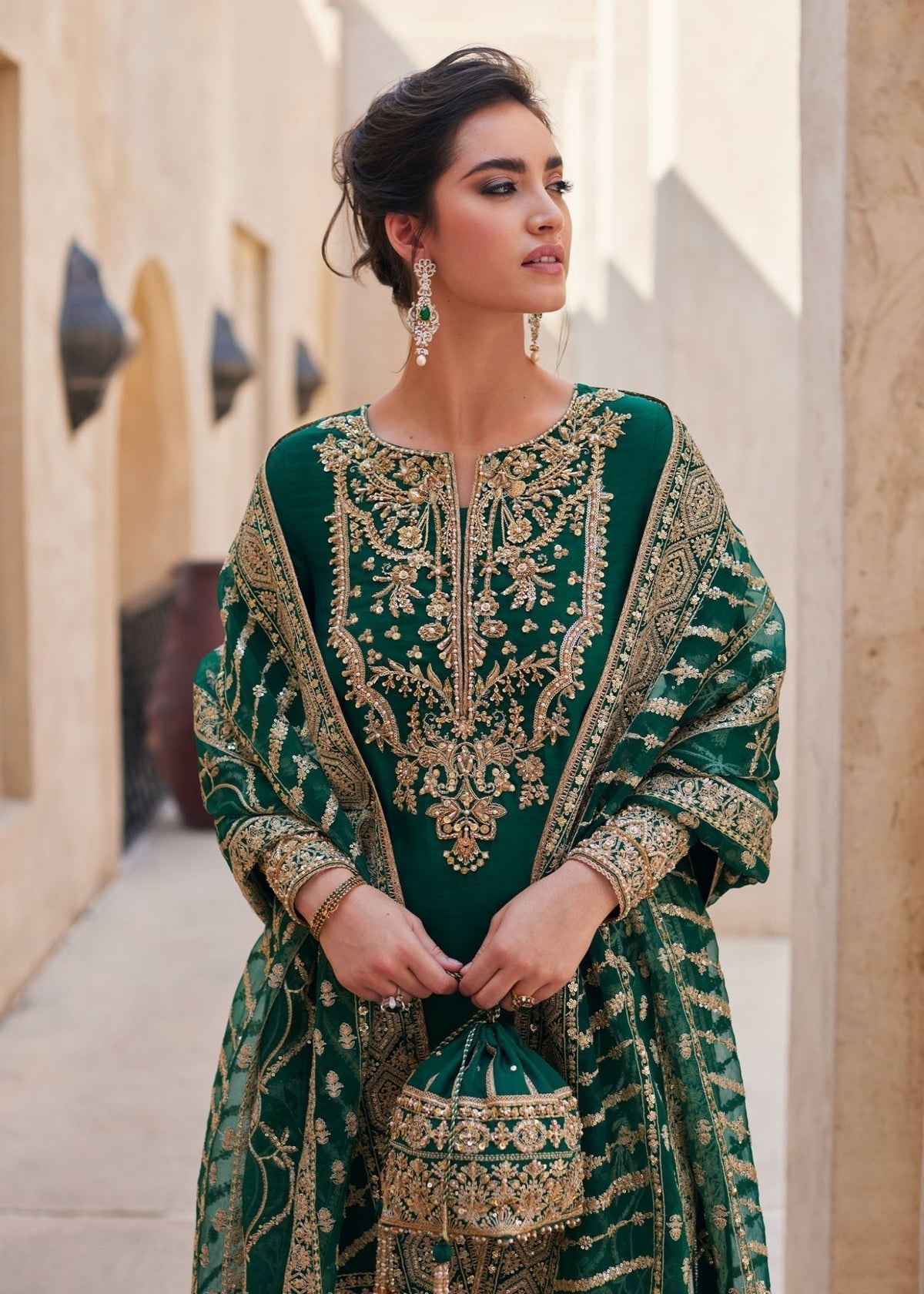 Zyra bottle green neckline detail - Kanwal Malik