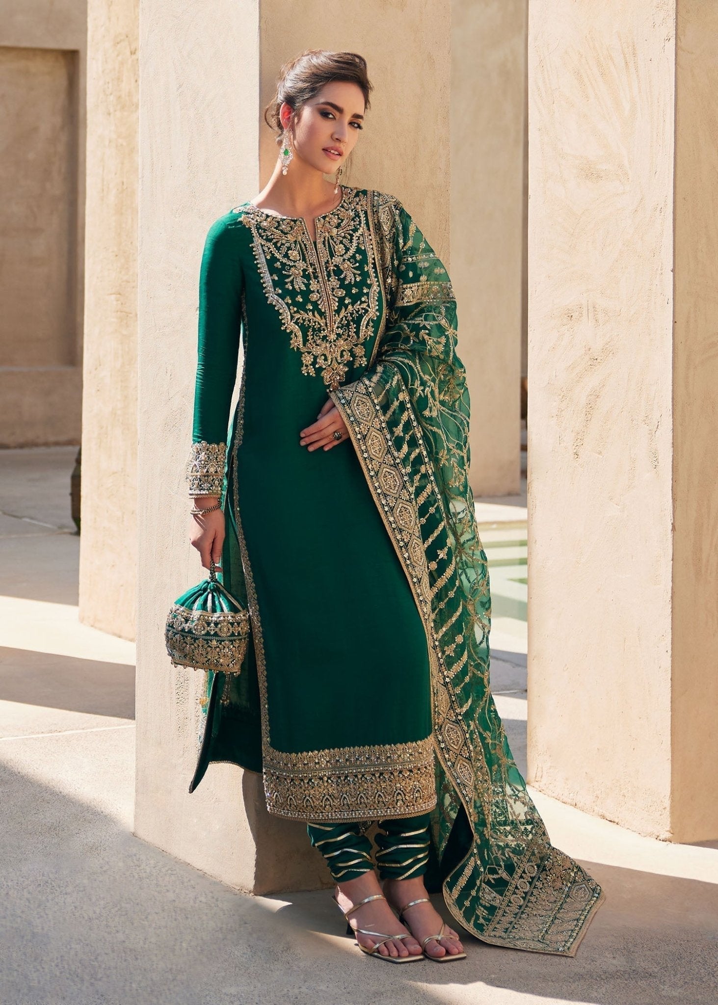 Zyra bottle green Korean silk shirt front view - Kanwal Malik